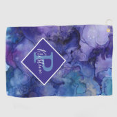 紫色の水色抽象芸術とモノグラムカスタム ゴルフタオル (横)