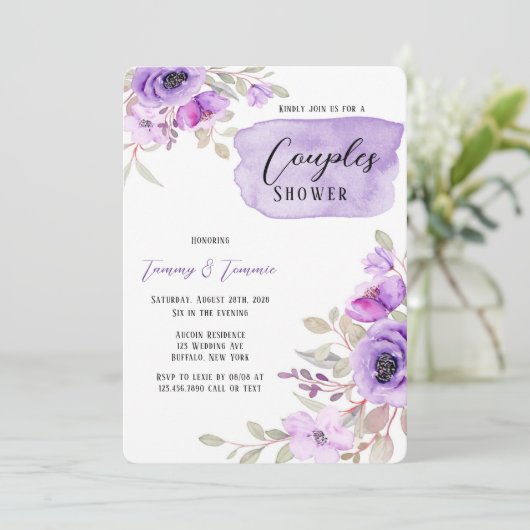 紫色の水色牡丹の花カップルのシャワーInv 招待状 (スタンド正面)