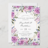 紫色の水色牡丹金ゴールドカップルのシャワー 招待状 (正面)