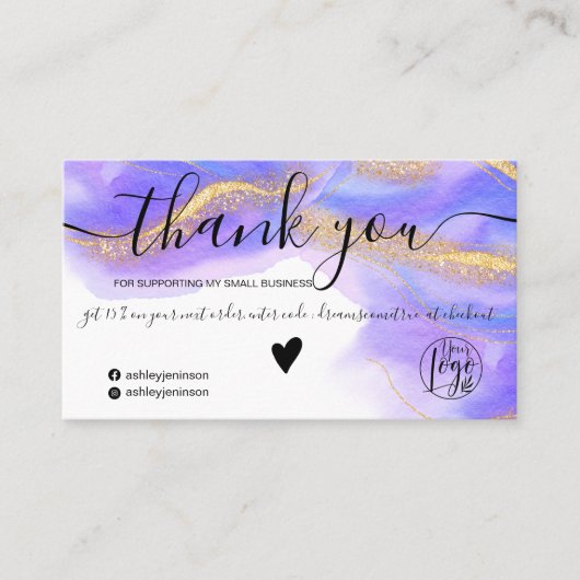 紫色の水色金ゴールドグリッターの感謝してい順序 名刺 (正面)