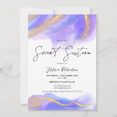 紫色の水色金ゴールドグリッター写真Sweet 16 招待状 (正面)