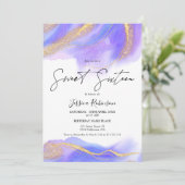 紫色の水色金ゴールドグリッター写真Sweet 16 招待状 (スタンド正面)