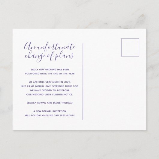 紫色の洗浄ハートのキャンセルを計画結婚に更新 案内ポストカード (裏面)