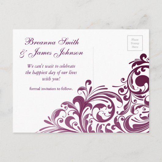 紫色の渦巻き写真カードを保存 案内ポストカード (裏面)