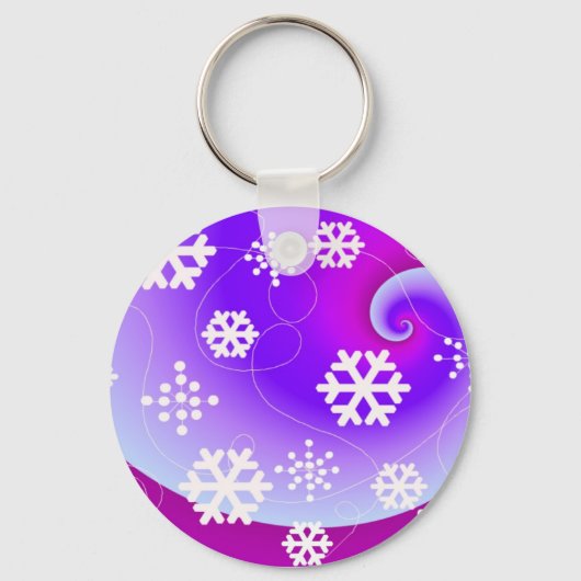 紫色の渦巻き背景に踊る雪の結晶 キーホルダー (正面)