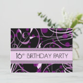 紫色の渦巻の第16誕生日のパーティの招待状カード 招待状 (スタンド正面)