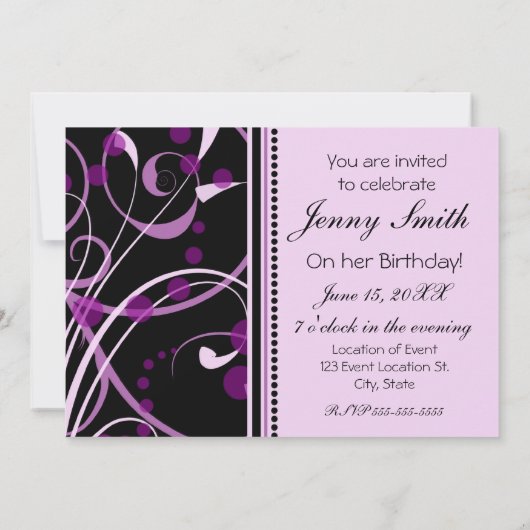 紫色の渦巻の誕生日のパーティの招待状カード 招待状 (裏面)