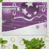 紫色の灰色のクリスマスボールの星と雪 キッチンタオル (折り畳み)