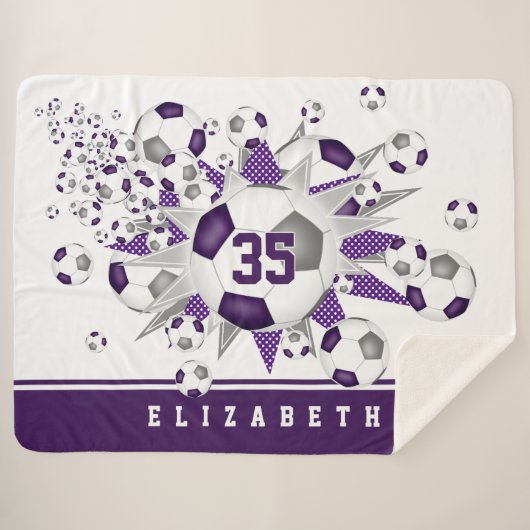 紫色の灰色のサッカーボールが女の子のスポーツルームをスター シェルパブランケット (正面(横))
