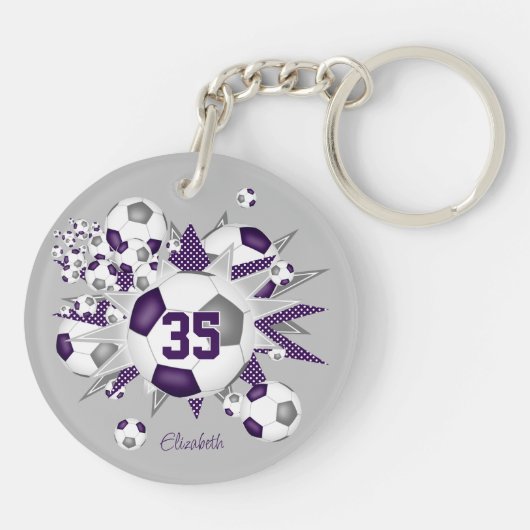 紫色の灰色のサッカーボール吹き出しアスリート名 キーホルダー (裏面)