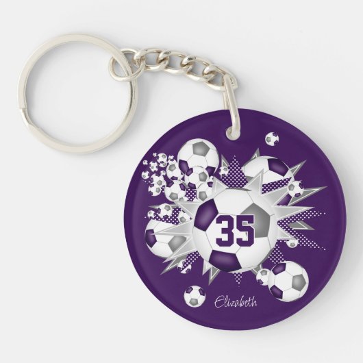 紫色の灰色のサッカーボール吹き出しアスリート名 キーホルダー (正面)