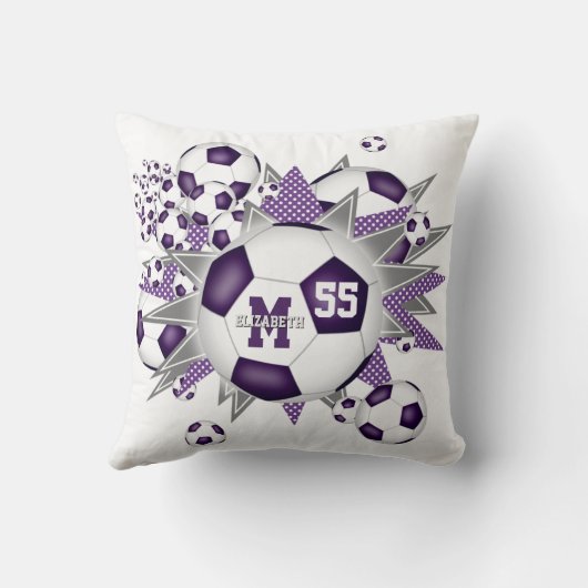 紫色の灰色のサッカーボール吹き出しガーリースポーツルーム クッション (裏面)