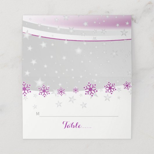 紫色の灰色のスノーフレークの冬の結婚式を折り畳んだエスコート プレイスカード (外部開封)
