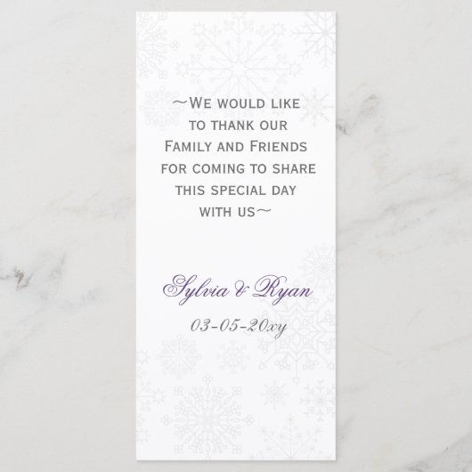 紫色の灰色のスノーフレーク冬のウェディングメニューカード メニュー (裏面)