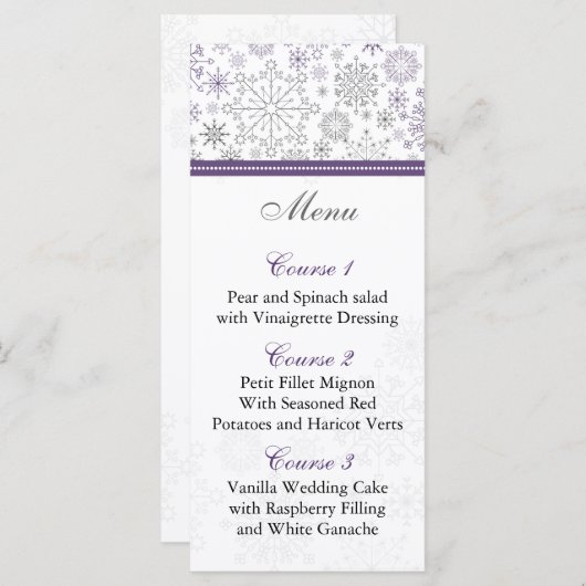 紫色の灰色のスノーフレーク冬のウェディングメニューカード メニュー (正面/裏面)
