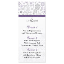 紫色の灰色のスノーフレーク冬のウェディングメニューカード