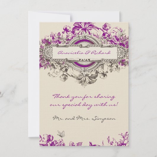 紫色の灰色のヴィンテージの花の結婚式のサンキューカード サンキューカード (正面)