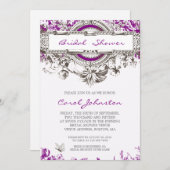 紫色の灰色のヴィンテージの花柄のブライダルシャワー 招待状 (正面/裏面)