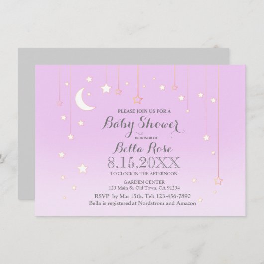 紫色の灰色の星の月の赤ちゃん女の子の赤ちゃんシャワー招待状 招待状 (正面/裏面)