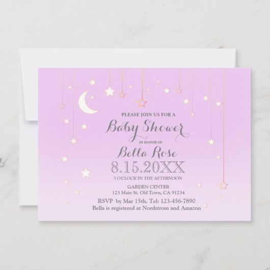 紫色の灰色の星の月の赤ちゃん女の子の赤ちゃんシャワー招待状 招待状 (正面)