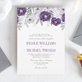 紫色の灰色の水色の花の結婚式招待状 招待状