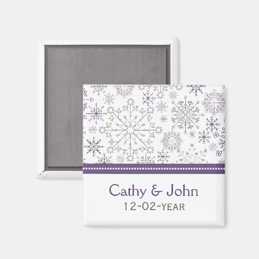 紫色の灰色の雪の結晶の冬の結婚式は日付を保存 マグネット (正面/裏面)