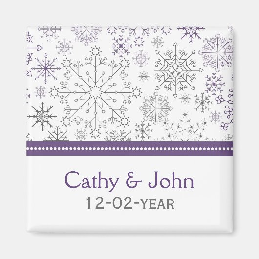 紫色の灰色の雪の結晶の冬の結婚式は日付を保存 マグネット (正面)