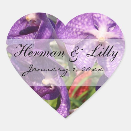 紫色の熱帯パーソナライズされた花結婚の ハートシール (正面)