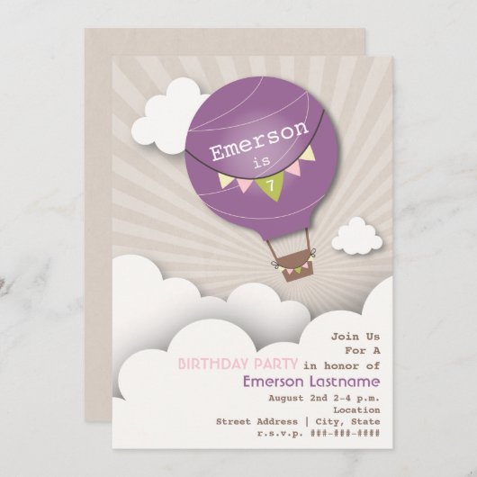 紫色の熱気の気球及び雲の子供の誕生日 招待状 (正面/裏面)