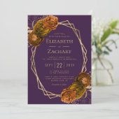 紫色の燃えたオレンジ色のフローラ金ゴールドジオメト結婚リ 招待状 (スタンド正面)