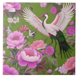 紫色の牡丹とクレーンオンオリーブグリーンChinoiserie タイル