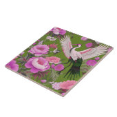 紫色の牡丹とクレーンオンオリーブグリーンChinoiserie タイル (側面)