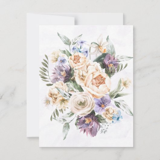 紫色の牡丹のワイルドフラワーブランチと泡立ち 招待状 (裏面)