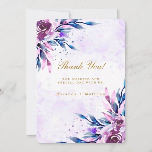 紫色の牡丹サマー結婚金ゴールドサンキューカード 招待状 (正面)