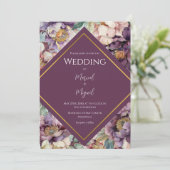 紫色の牡丹フローラモダン写真結婚の 招待状 (スタンド正面)