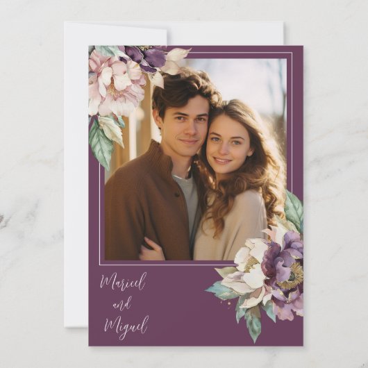 紫色の牡丹フローラモダン写真結婚の 招待状 (裏面)