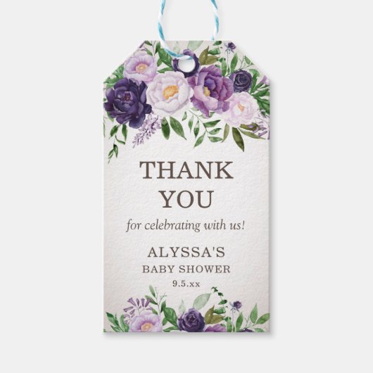 紫色の牡丹フローラ赤ちゃん女の子シャワーありがとう ギフトタグ (正面)