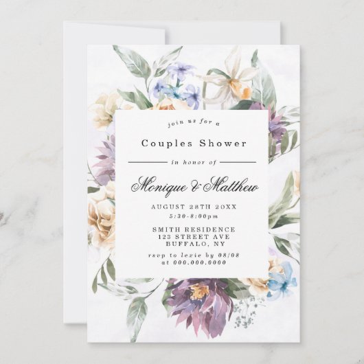 紫色の牡丹ワイルドフラワーカップルシャワー招待状 (正面)