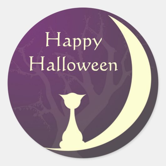 紫色の猫のムーンスプイハロウィーンラベルギフトラベル ラウンドシール (正面)