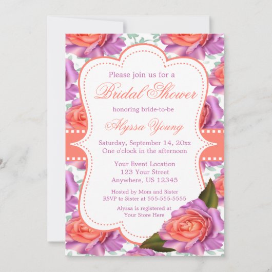 紫色の珊瑚のバラブライダルかベビーシャワーの招待 招待状 (正面)