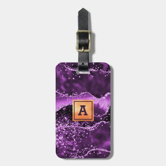 紫色の瑪瑙グリッターピンクの大理石名金ゴールド ラゲッジタグ (正面縦)
