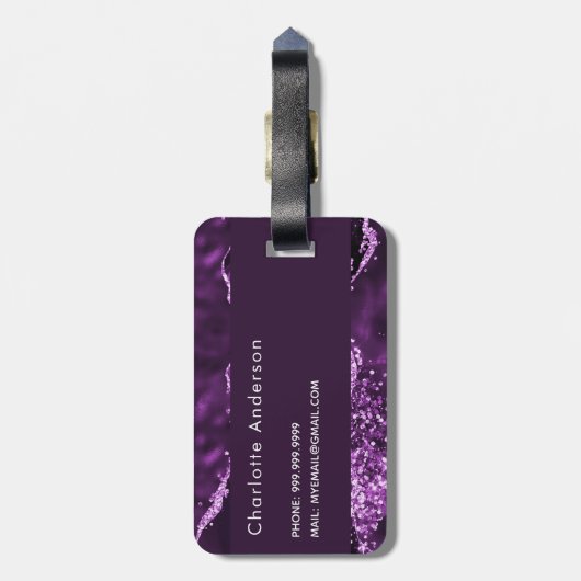 紫色の瑪瑙グリッターピンクの大理石名金ゴールド ラゲッジタグ (裏面縦)