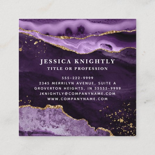 紫色の瑪瑙金ゴールドグリッタースクリプトの写真 スクエア名刺 (裏面)