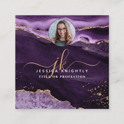 紫色の瑪瑙金ゴールドグリッタースクリプトの写真 スクエア名刺 (正面)
