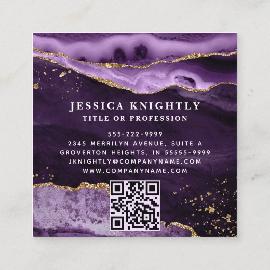 紫色の瑪瑙金ゴールドグリッタースクリプト写真QR スクエア名刺 (裏面)