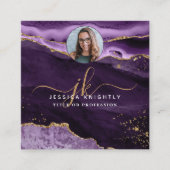 紫色の瑪瑙金ゴールドグリッタースクリプト写真QR スクエア名刺 (正面)