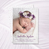 紫色の甘いベビー写真の誕生のお知らせ