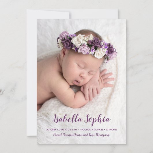 紫色の甘いベビー写真の誕生のお知らせ