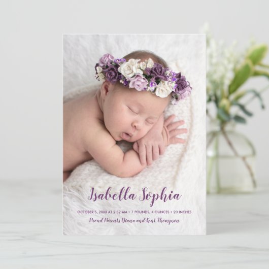 紫色の甘いベビー写真の誕生のお知らせ (スタンド正面)