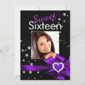 紫色の甘い16誕生日パーティーハートフォトスター 招待状 (正面)